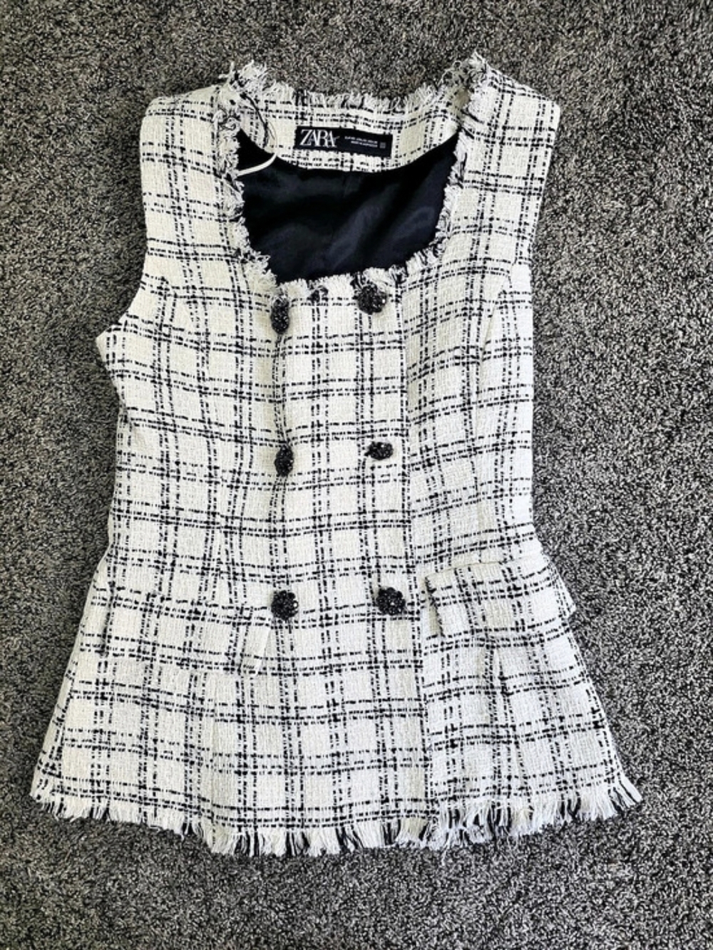 Zara Tweed Plaid Vest & Pants Suit Set XS/S Black Cream